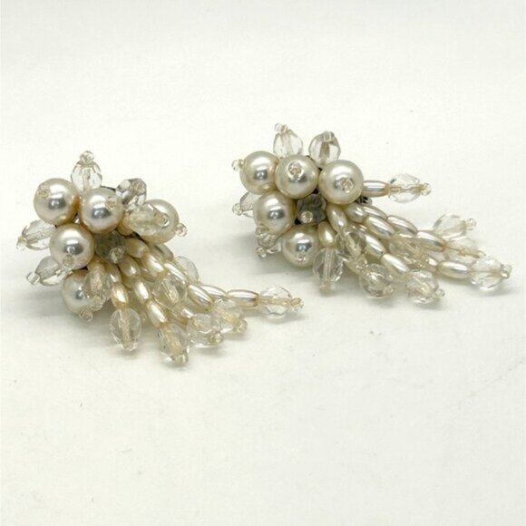 Vintage Clip-On Earrings Faux Pearls & Beaded Bridal Prom Formal Jewelry - Picture 1 of 16